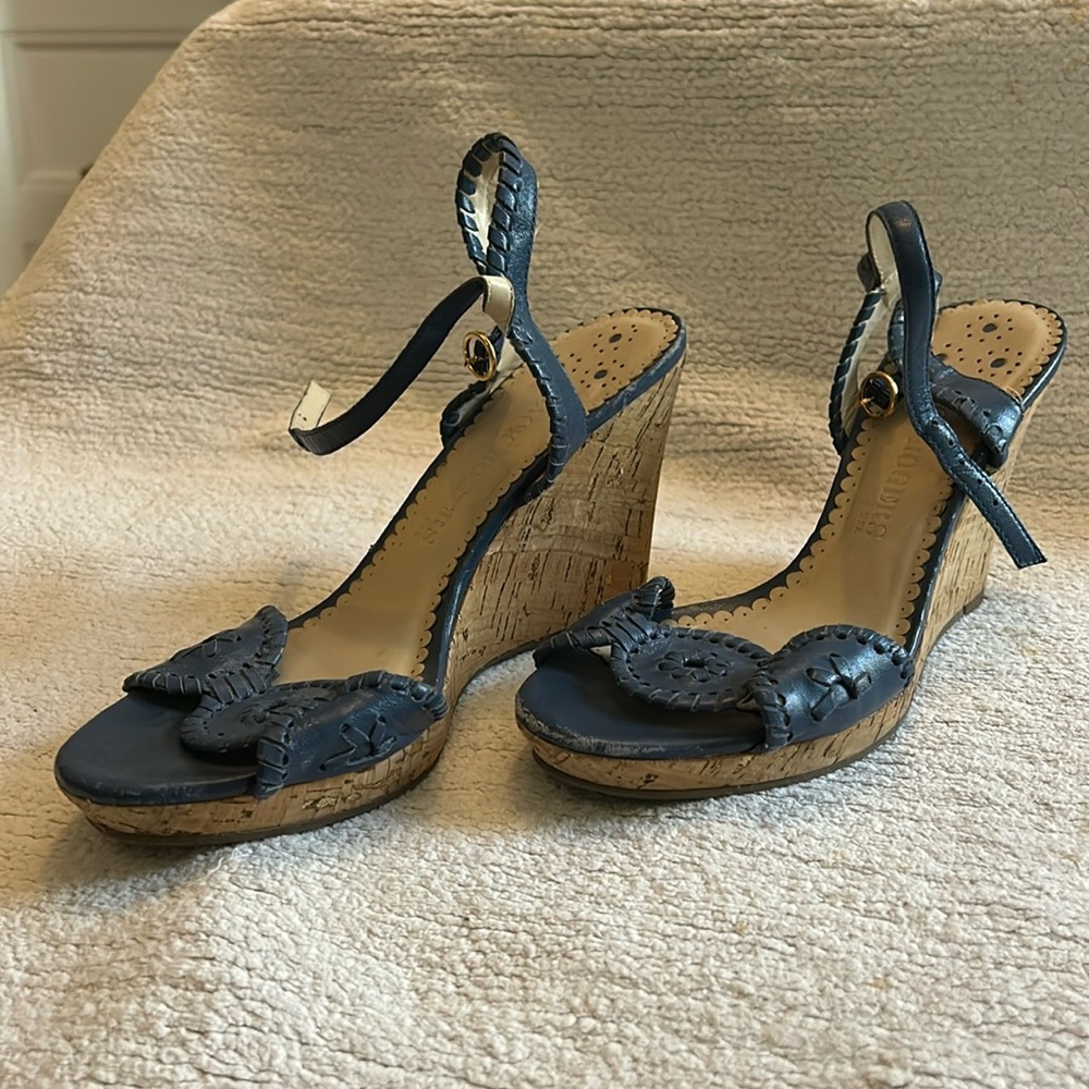 Jack Rogers blue leather sandals with cork wedge.